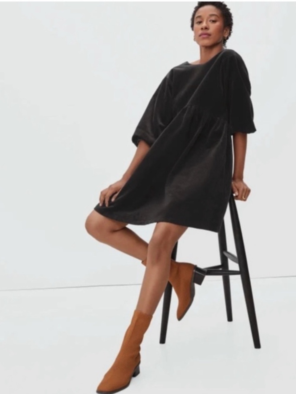 Everlane Corduroy Babydoll Mini Dress Black Size Small Puff Sleeve Coquette.  11